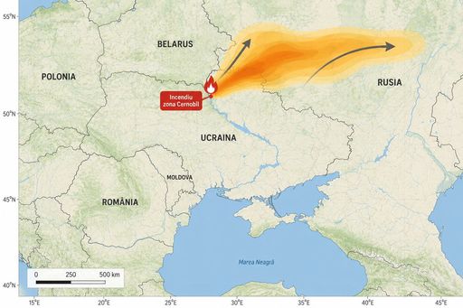 Incendiul din zona Cernobîl - Ministerul Mediului: Vântul va favoriza deplasarea norului de fum către Belarus, ulterior către nordul şi nord-estul Ucrainei şi sud-vestul Rusiei, fără impact asupra României, potrivit estimărilor ANM