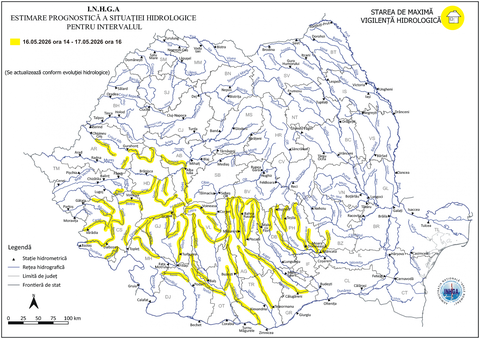 Cod galben de inundaţii în sud-vestul României/ În weekend, scurgeri importante pe versanţi, torenţi şi pâraie, viituri rapide pe râurile mici cu posibile inundaţii locale şi creşteri de debite şi niveluri pe unele râuri