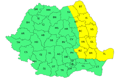 Ploi torenţiale, descărcări electrice, grindină şi vânt puternic în estul ţării, de marţi până sâmbătă/ În Moldova, nordul Dobrogei, estul şi nord-estul Munteniei, Cod galben de intensificări ale vântului