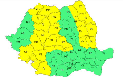 Intensificări de vânt în cea mai mare parte a ţării joi şi vineri, averse torenţiale, descărcări electrice şi izolat grindină în sud, pe arii restrânse