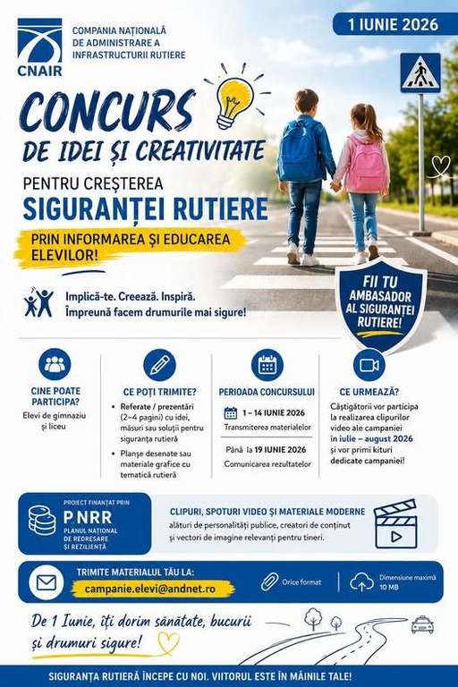 CNAIR lansează concursul de idei şi creativitate pentru creşterea siguranţei rutiere prin informarea şi educarea elevilor