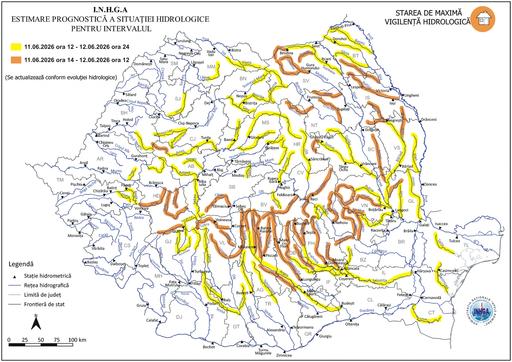 Cod portocaliu şi cod galben de inundaţii pentru zone din mai multe bazine hidrografice/ Hidrologii avertizează că sunt posibile depăşiri ale cotelor de apărare - HARTA