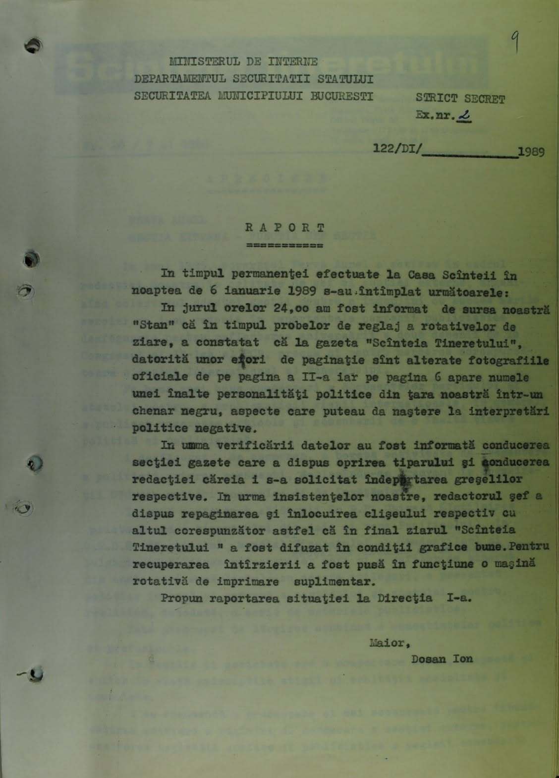 CNSAS publică documentul care arată că, în ianuarie 1989, din greşeală, ziarul ”Scânteia Tineretului” a postat fotografia lui Nicolae Ceauşescu într-un chenar negru – ”mort şi îngropat” / Intervenţie în miez de noapte a Securităţii