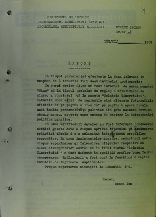 CNSAS publică documentul care arată că, în ianuarie 1989, din greşeală, ziarul ”Scânteia Tineretului” a postat fotografia lui Nicolae Ceauşescu într-un chenar negru – ”mort şi îngropat” / Intervenţie în miez de noapte a Securităţii