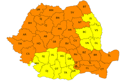 Caniculă joi în cea mai mare parte a Moldovei şi a Transilvaniei, averse torenţiale, vijelii puternice şi grindină, în Banat, Crişana, Maramureş, Transilvania, nord-vestul Moldovei, Dobrogea, nordul, centrul şi estul Munteniei până vineri la 3.00 - HARTA