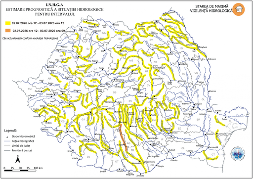 Ministerul Mediului: Avertizare hidrologică extinsă/ Risc de inundaţii în 37 de judeţe, ca urmare a precipitaţiilor prognozate şi a propagării acestora/ Cod portocaliu pentru râuri din judeţele Argeş şi Olt - HARTA