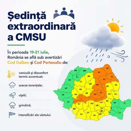 Ministerul Mediului: Şedinţă extraordinară a Comitetului ministerial pentru situaţii de urgenţă, ca urmare a avertizărilor emise de ANM şi INHGA / Fenomenele de instabilitate atmosferică pot evolua rapid, avertizările sunt actualizate în timp real
