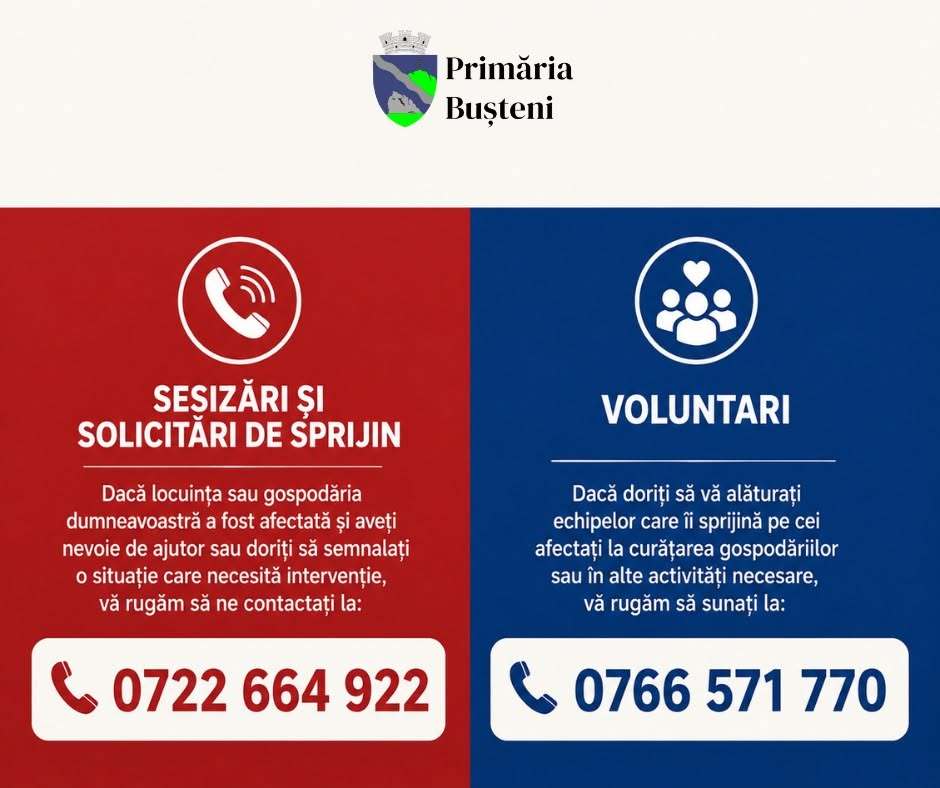 Numere de telefon puse la dispoziția cetățenilor din stațiunea Bușteni, afectată grav de o viitură care „a măturat” totul în cale/ Oamenii pot cere ajutor pentru curățarea gospodăriilor inundate sau se pot alătura echipelor de voluntari