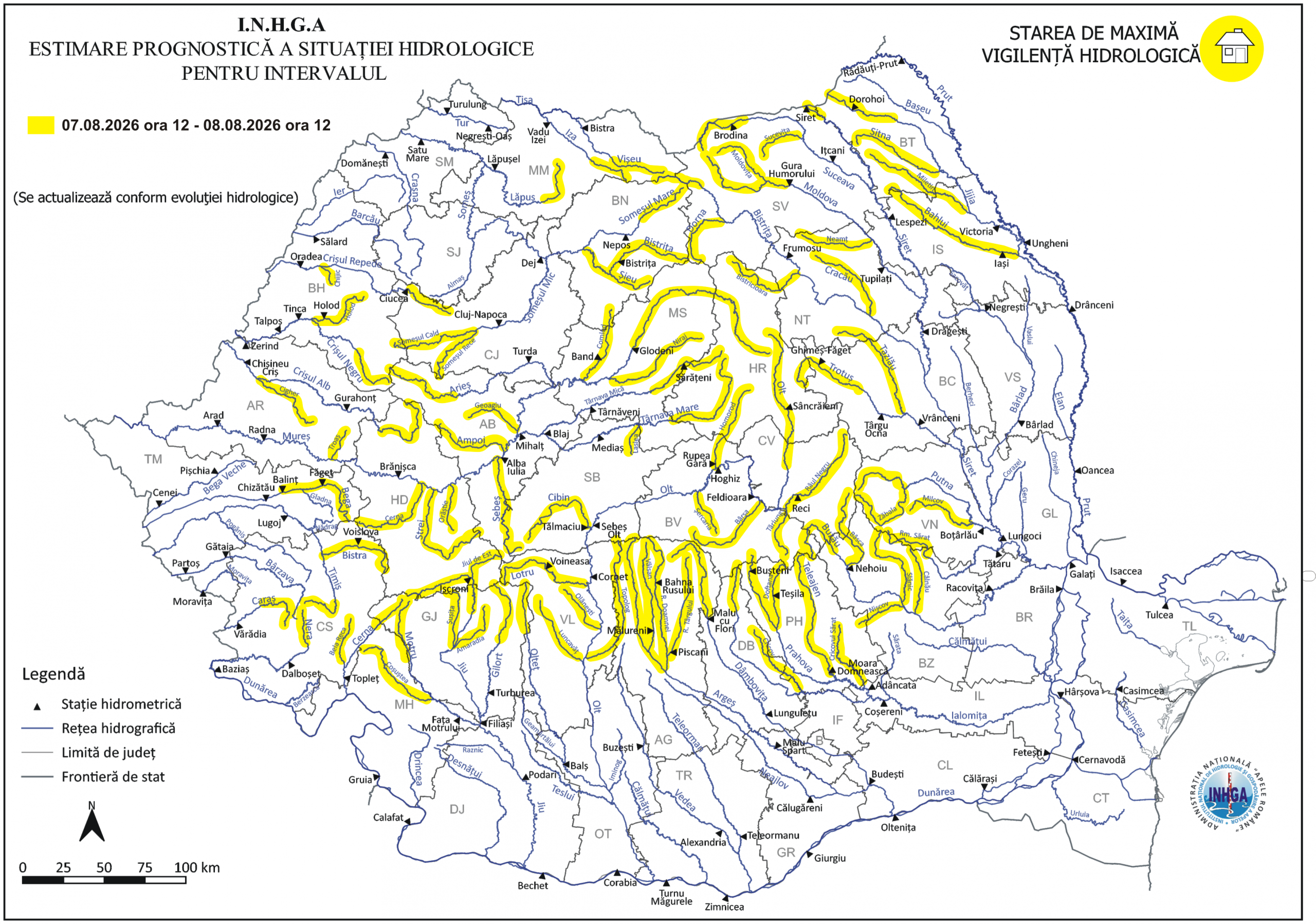 Hidrologii anunță că în următoarele 24 de ore există risc de inundații pe unele râuri mici și au emis o atenționare Cod galben/ Județele vizate cu precădere, Maramureș, Bistrița-Năsăud, Cluj, Alba, Suceava și Neamț