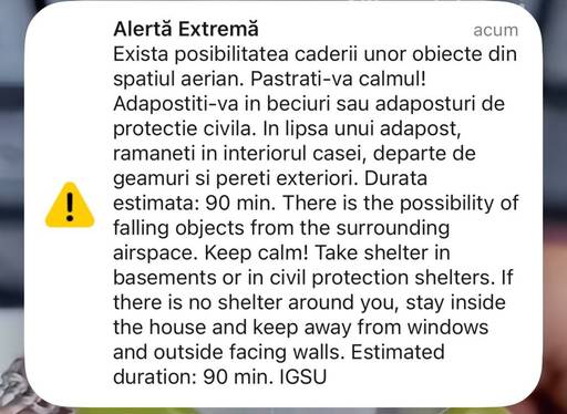 UPDATE - Nou mesaj RO-Alert emis pentru nordul judeţului Tulcea: Există posibilitatea căderii unor obiecte din spaţiul aerian/ MApN: Ţintă aeriană, la nord de Vâlcove, Ucraina, în proximitatea frontierei cu România/ Un elicopter monitorizează situaţia
