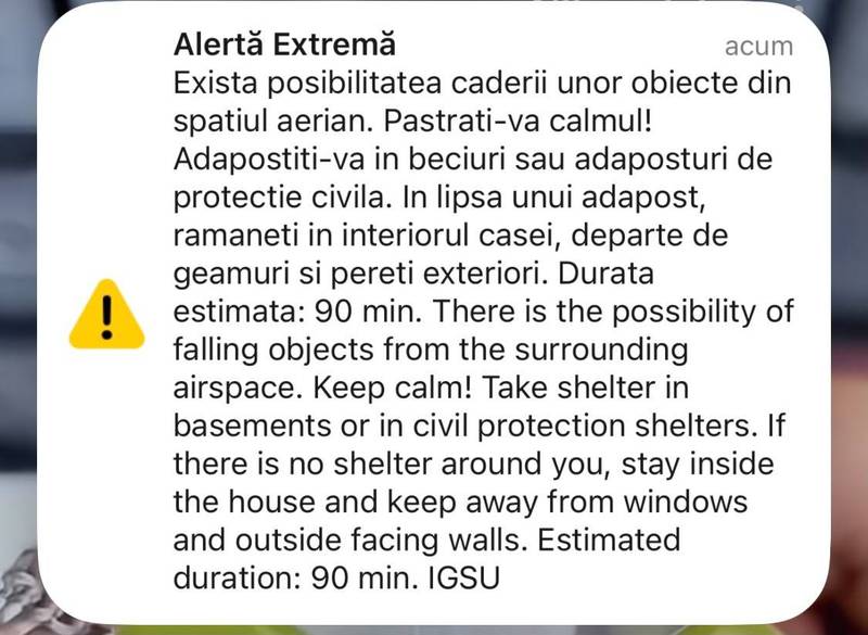 Nou mesaj RO-Alert emis pentru nordul județului Tulcea: Există posibilitatea căderii unor obiecte din spațiul aerian