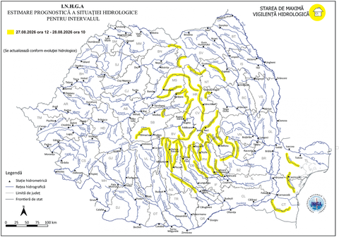 Atenţionare Hidrologică Cod Galben - Risc de viituri rapide şi inundaţii locale în mai multe zone din ţară - HARTA