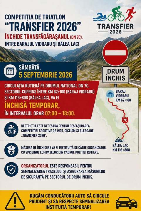 Transfăgăraşanul se închide, sâmbătă, pentru desfăşurarea unei competiţii de triatlon. Circulaţia rutieră, oprită timp de 11 ore 
