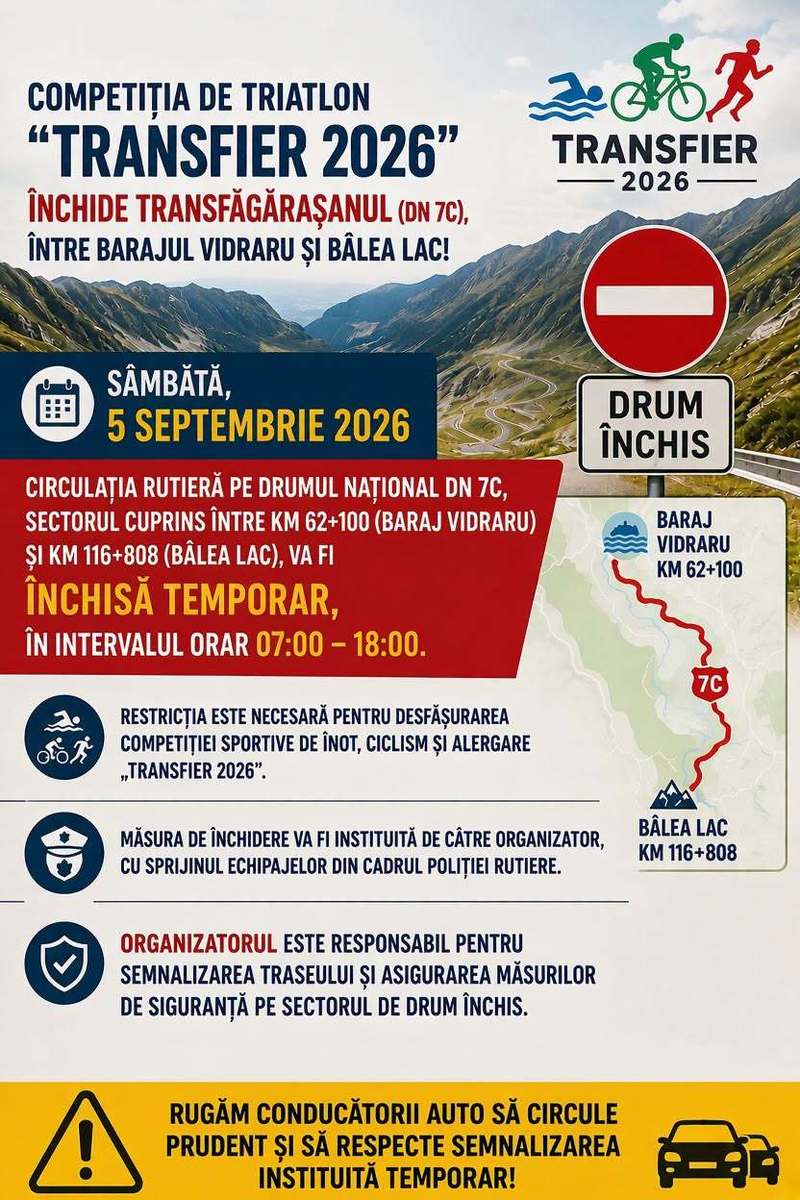 Transfăgăraşanul se închide, sâmbătă, pentru desfăşurarea unei competiţii de triatlon. Circulaţia rutieră, oprită timp de 11 ore