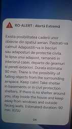 UPDATE - Mesaj RO-Alert privind posibilitatea căderii unor obiecte din spaţiul aerian, în Iaşi, Vaslui, Neamţ, Suceava şi Botoşani/ MApN: Ţinta, detectată iniţial la vest de Chişinău; a intrat în ţară la sud de Iaşi/ Ulterior, s-a prăbuşit în R. Moldova
