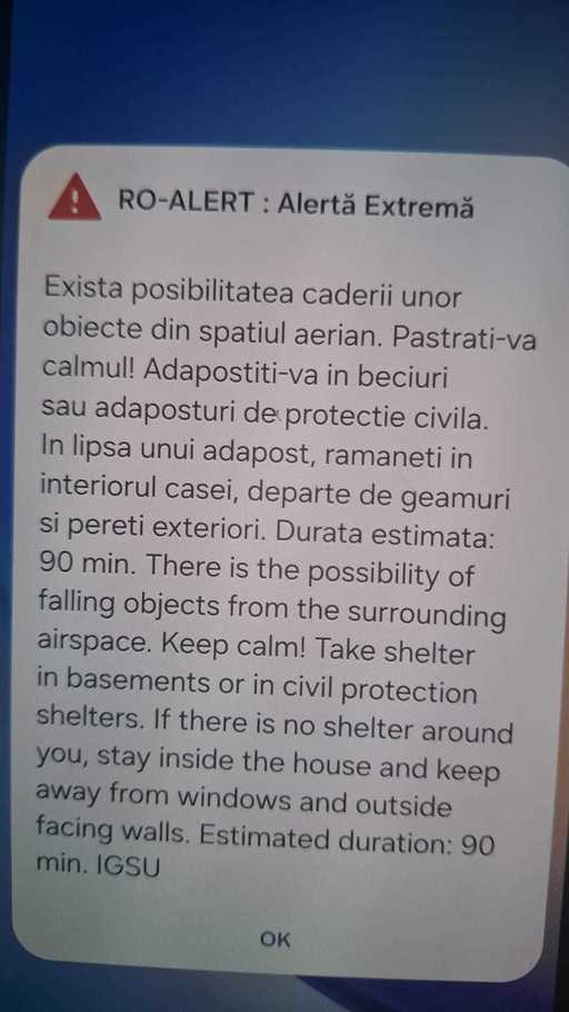 UPDATE - Mesaj RO-Alert privind posibilitatea căderii unor obiecte din spaţiul aerian, în Iaşi, Vaslui şi Neamţ/ Prefectul de Iaşi: Este o dronă care în momentul acesta vine dinspre Republica Moldova