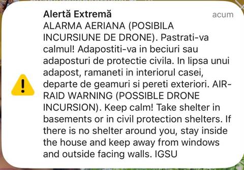 UPDATE - Mesaj RO-Alert prin care populaţia este avertizată privind o posibilă incursiune de drone, pentru zona de nord şi nord-est a judeţului Tulcea/ MApN: Ţintă aeriană, detectată în Ucraina, în apropierea graniţei/ Două avioane F-16, ridicate