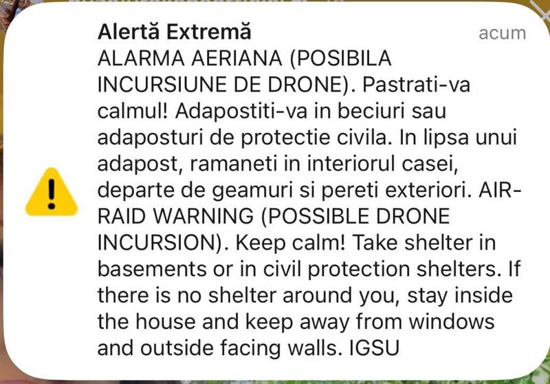 Mesaj RO-Alert prin care populația este avertizată privind o posibilă incursiune de drone, pentru zona de nord și nord-est a județului Tulcea