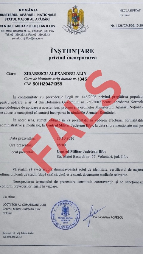 MApN avertizează asupra unui document fals distribuit prin intermediul unei aplicaţii de mesagerie privind o presupusă încorporare de urgenţă a tinerilor / MApN: O încercare de manipulare, fără nicio legătură cu o situaţie reală 
