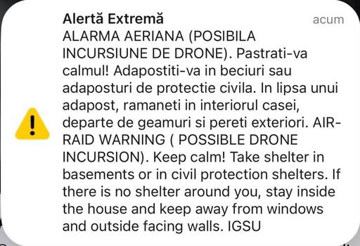 Mesaj RO-Alert privind posibila incursiune a unor drone, pentru nordul judeţului Tulcea