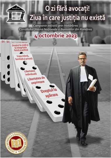 Uniunea Naţională a Barourilor, memoriu cu principalele disfuncţionalităţi identificate în sistem, transmis Guvernului, Ministerului Justiţiei, dar şi CSM şi principalelor instanţe / 4 octombrie, desemnată Ziua fără avocaţi

