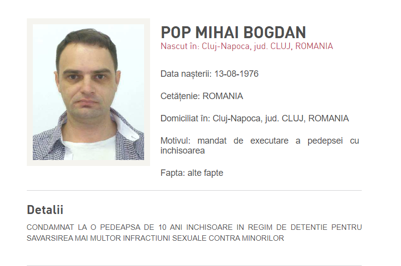 UPDATE - Ministrul Justiţiei: Pop Mihai Bogdan, fugarul pedofil, a fost adus în ţară din Italia. Acesta a fost condamnat la o pedeapsă de 10 ani de închisoare pentru infracţiuni sexuale contra minorilor / Anunţul IGPR