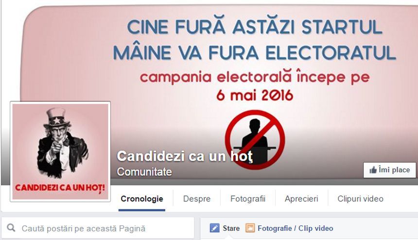 Platforma Acţiunea Civică a Tinerilor a deschis pagina de Facebook ”Candidezi ca un hoţ”, împotriva celor care au început campania înainte de termen