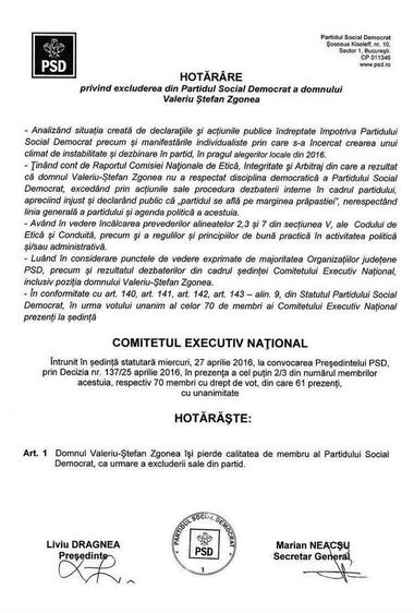 Zgonea, exlus din PSD pentru ”manifestările individualiste” şi pentru că ”nu a respectat disciplina democratică”