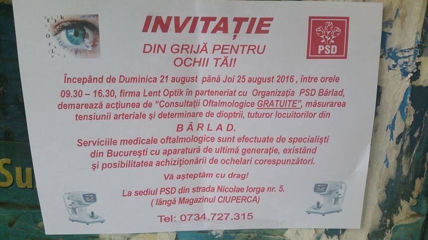 PSD oferă consultaţii oftalmologice gratuite la Bârlad, cu patru luni înainte de alegerile parlamentare