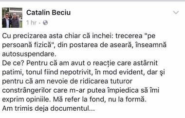 Cătălin Beciu, care califica drept "naziste" protestele faţă de OUG privind justiţia, s-a autosuspendat din funcţia de vicepreşedinte ALDE