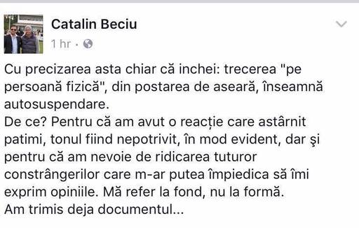 Cătălin Beciu, care califica drept "naziste" protestele faţă de OUG privind justiţia, s-a autosuspendat din funcţia de vicepreşedinte ALDE