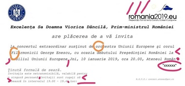 Deputatul Cătălin Nechifor ironizează invitaţia primită din partea premierului la concertul de la Ateneu, cu ocazia debutului preşedinţiei Consiliului UE: Logo-ul, printat greşit; se pare că stocurile de virgulă şi punct sunt pe terminate la guvern
