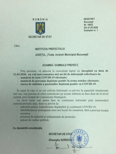 MAI a cerut prefecţilor să nu mai comunice informaţii cu privire la numărul celor diagnosticaţi cu COVID-19 şi la starea de sănătate a pacienţilor, pentru a evita ”stigmatizarea persoanelor dintr-o anumită localitate”/ Protest al presei locale  