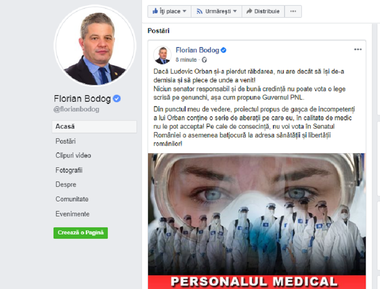 UPDATE - Bodog: Dacă Orban şi-a pierdut răbdarea, să îşi ”de-a” demisia şi să plece de unde a venit! Nu voi vota legea privind carantina şi izolarea, o batjocură la adresa sănătăţii şi libertăţii românilor! / După o oră, Bodog şi-a corectat greşeala 