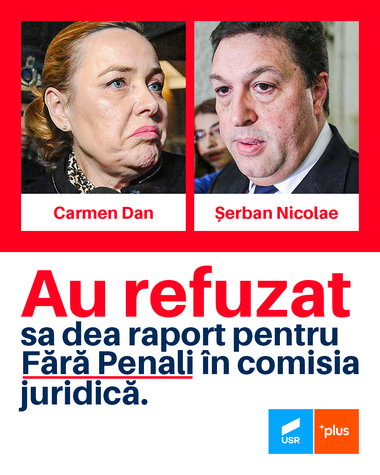 Liderul senatorilor USR: „Fără penali” a devenit prizonieră în Comisia juridică. Am insistat ca iniţiativa să fie votată miercuri în plenul Senatului, fără raport. Răspunsul a fost că există o cutumă care nu permite aşa ceva