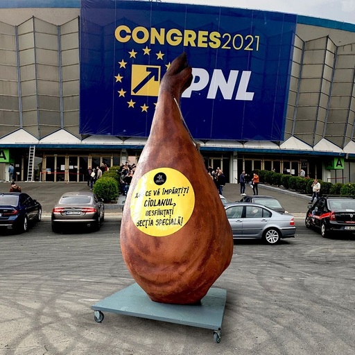 Macheta unui ciolan de peste 2 metri cu mesaj în favoarea desfiinţării SIIJ, postat la Romexpo, unde are loc Congresul PNL. Protestatari Declic: Să le crape efectiv obrazul de ruşine pentru că şi-au uitat promisiunile din programul de guvernare - FOTO