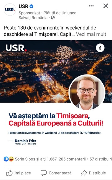 Timişoara: Consilierii locali PNL îi cer primarului Dominic Fritz să prezinte public cum s-au cheltuit banii pentru deschiderea programului Capitală Europeană a Culturii