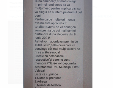 Candidatul PNL la Primăria Rm. Vâlcea, pe un grup intern de partid: ”Vom acorda un premiu de 10.000 euro celei/celui care va convinge cât mai mulţi vâlceni să ni se alăture nouă!”/ Politicianul susţine că e vorba despre liste pentru un „eveniment privat”
