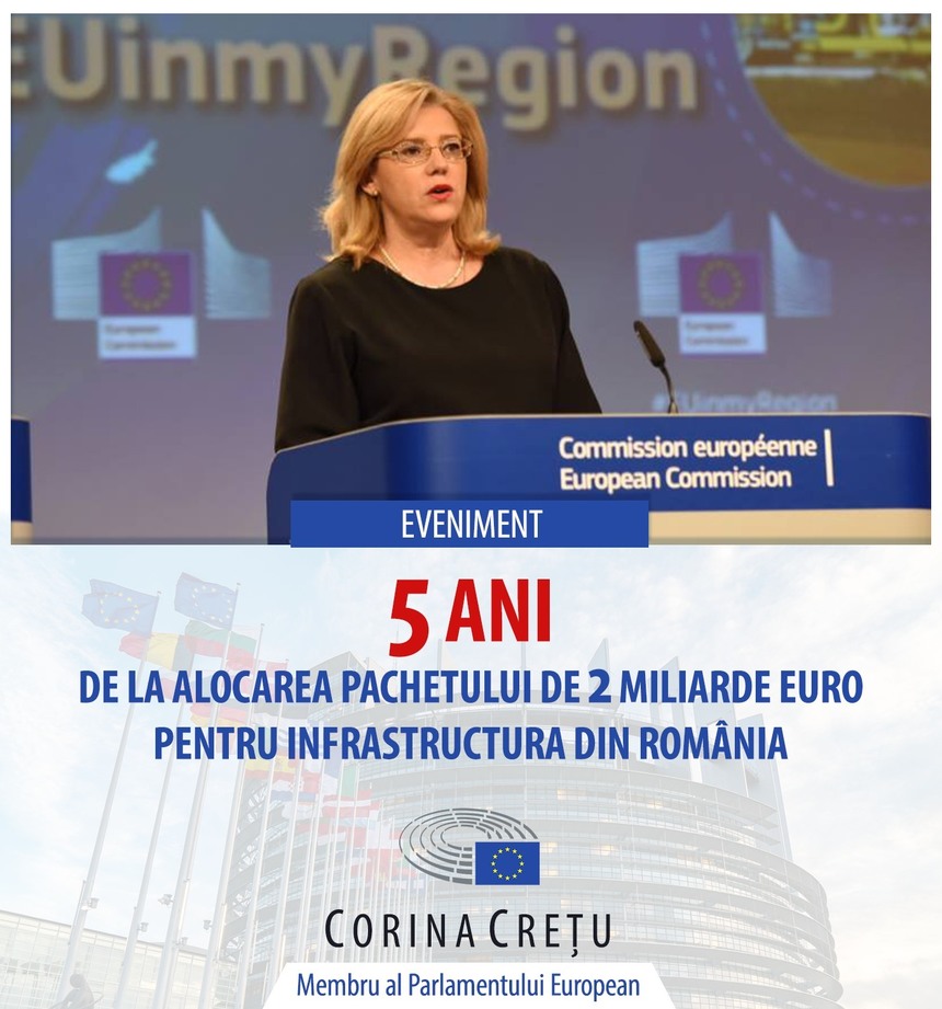 Creţu: Una dintre ultimele acţiuni din postura de Comisar european pentru Politica Regională a fost alocarea, în urmă cu 5 ani, a 2 miliarde de euro pentru finanţarea a patru proiecte majore în România. Le putem considera ambasadorii Politicii de Coeziune