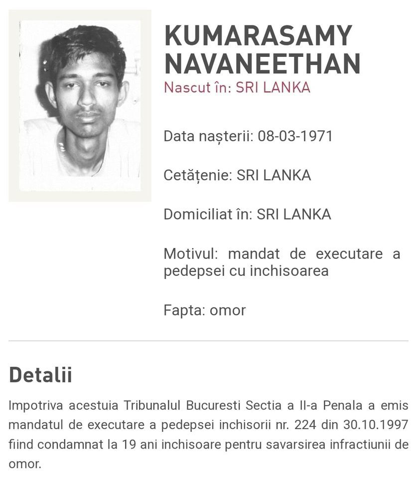 Alina Gorghiu: După 33 de ani de căutări, un fugar periculos a fost adus astăzi în ţară! Kumarasamy Navaneethan, un cetăţean srilankez, aflat pe lista celor mai căutaţi infractori, condamnat la 19 ani de închisoare pentru omor, în 1991