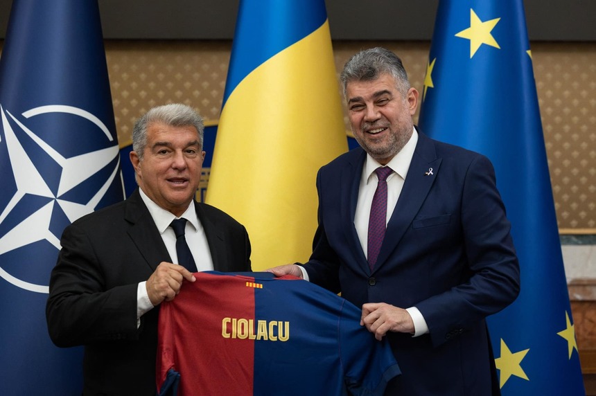 Marcel Ciolacu l-a primit pe preşedintele clubului FC Barcelona, Joan Laporta, care a venit în România să inaugureze o Academie de Fotbal: Este incredibil că un brand sportiv legendar a ales să îşi deschidă porţile tinerilor noştri români