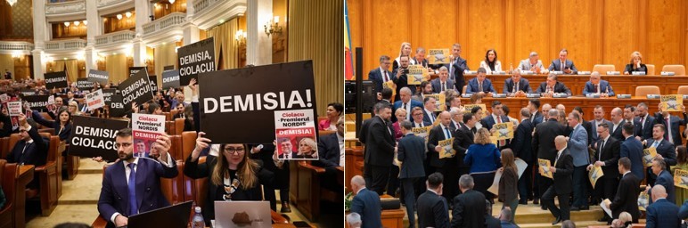 Protest în plenul Parlamentului, la dezbaterea bugetului de stat pe 2025. Opoziţia a cerut demisia premierului Marcel Ciolacu: ”Ai zburat cu Nordis, zboară din funcţie!”