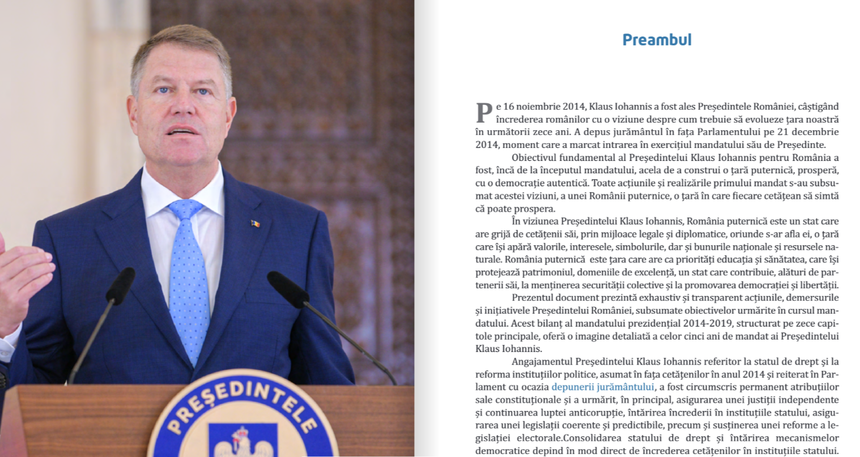 Klaus Iohannis şi-a făcut public bilanţul celor două mandate, în două volume cuprinzând peste 1.500 de pagini cu realizări, pe domenii şi fotografii de la evenimente