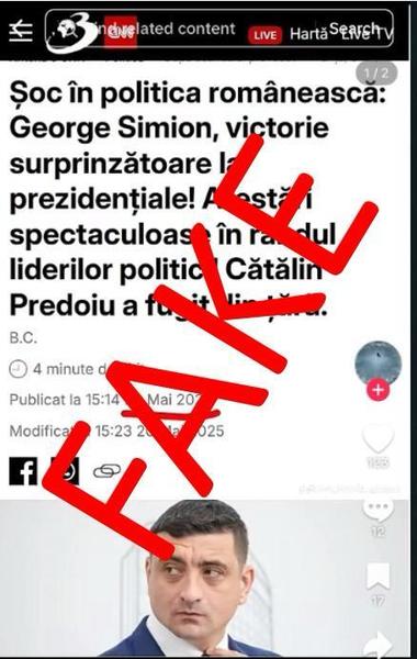 ALEGERI PREZIDENŢIALE 2025 - MAI anunţă identificarea şi raportarea unui cont de TikTok care difuzează conţinut manipulator de tip deepfake, pentru a discredita un candidat la alegerile prezidenţiale