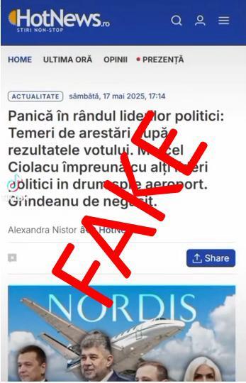 ALEGERI PREZIDENŢIALE 2025 - MAI avertizează privind informaţii false pe TikTok. Imaginile imită în mod fraudulos identitatea vizuală a unor site-uri de ştiri şi se afirmă în mod fals că liderii partidelor tradiţionale sunt arestaţi sau fug din ţară