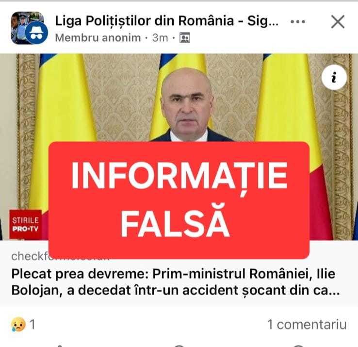Fake-news care anunţă decesul premierului Ilie Bolojan într-un accident rutier, combătut de către Ministerul de Interne: Premierul NU a fost implicat în niciun accident rutier, iar aceste postări au ca scop dezinformarea şi manipularea cetăţenilor români