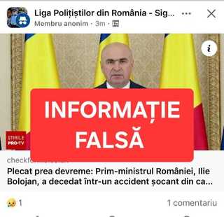 Fake-news care anunţă decesul premierului Ilie Bolojan într-un accident rutier, combătut de către Ministerul de Interne: Premierul NU a fost implicat în niciun accident rutier, iar aceste postări au ca scop dezinformarea şi manipularea cetăţenilor români