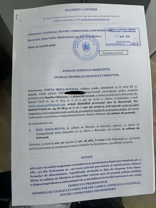 Victor Ponta anunţă că a depus prima sesizare împotriva ministrului Oana Ţoiu, la Consiliul Naţional pentru Combaterea Discriminării, în cazul repatrierii fiicei sale din Dubai: Urmează, săptămâna viitoare, şi plângerea penală la Parchetul General.