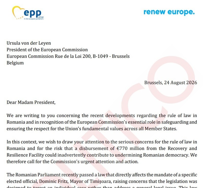 PPE şi Renew Europe cer Comisiei Europene să blocheze finanţarea prin PNRR pentru România din cauza „amendamentului Fritz”. Textul integral al scrisorii