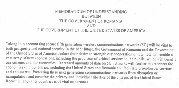 Ministerul Comunicaţiilor a publicat memorandumul dintre Statele Unite şi România, privind tehnologia 5G: Reţelele trebuie protejate de atacuri şi tentative de manipulare